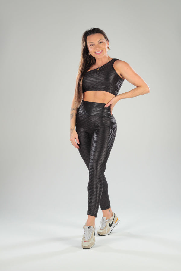 CONJUNTO CALÇA TEXTURA BÁSICA UM OMBRO SÓ - PRETO